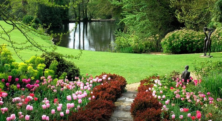 Pretty pink tulips leading you down to the lake at Pashley Manor Gardens